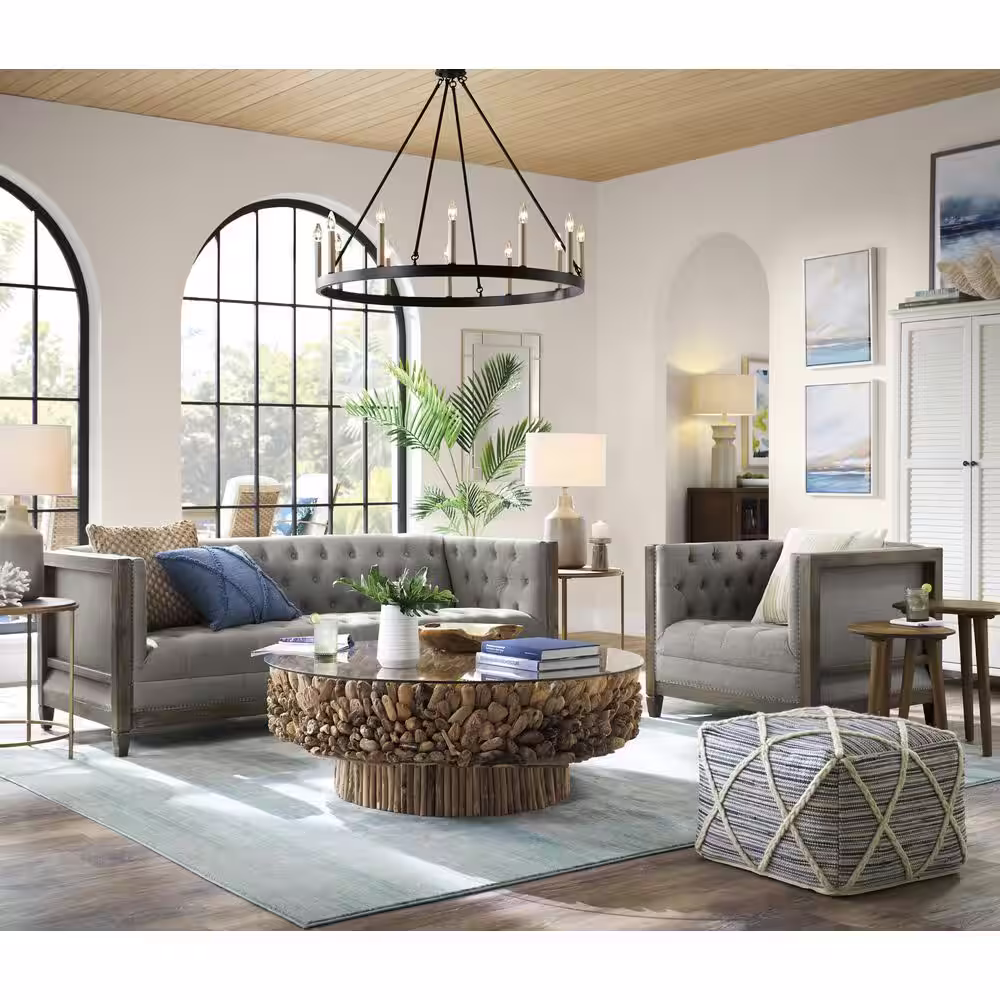 Litton Lane 48 in. Brown Medium Round Driftwood Handmade Collage and Pedestal Base Coffee Table with Tempered Glass Top