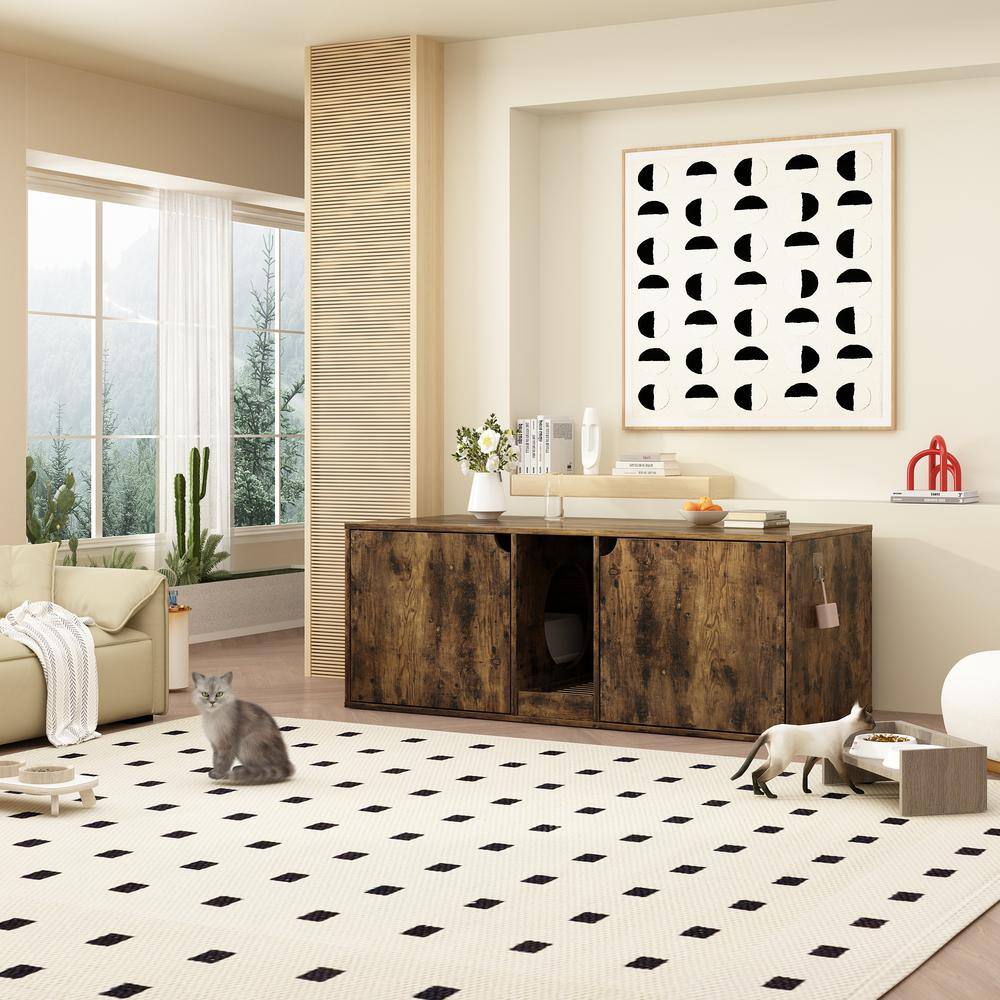 None Cat Litter Box Enclosure for 2 Cats, Wood Stackable Cat Washroom Storage Cabinet Bench End Table Furniture, Tiger Skin