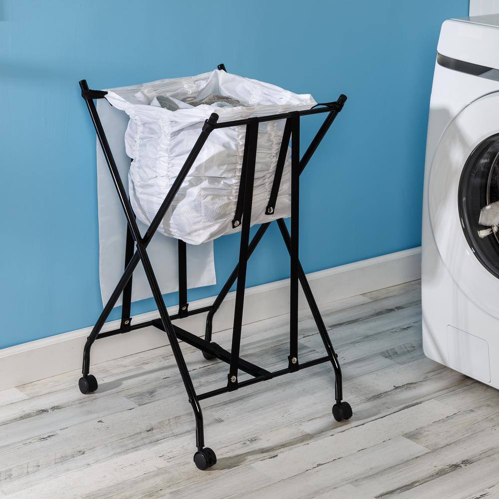 Honey-Can-Do Black/White Single Bounce Back No Bend Laundry Hamper with Wheels