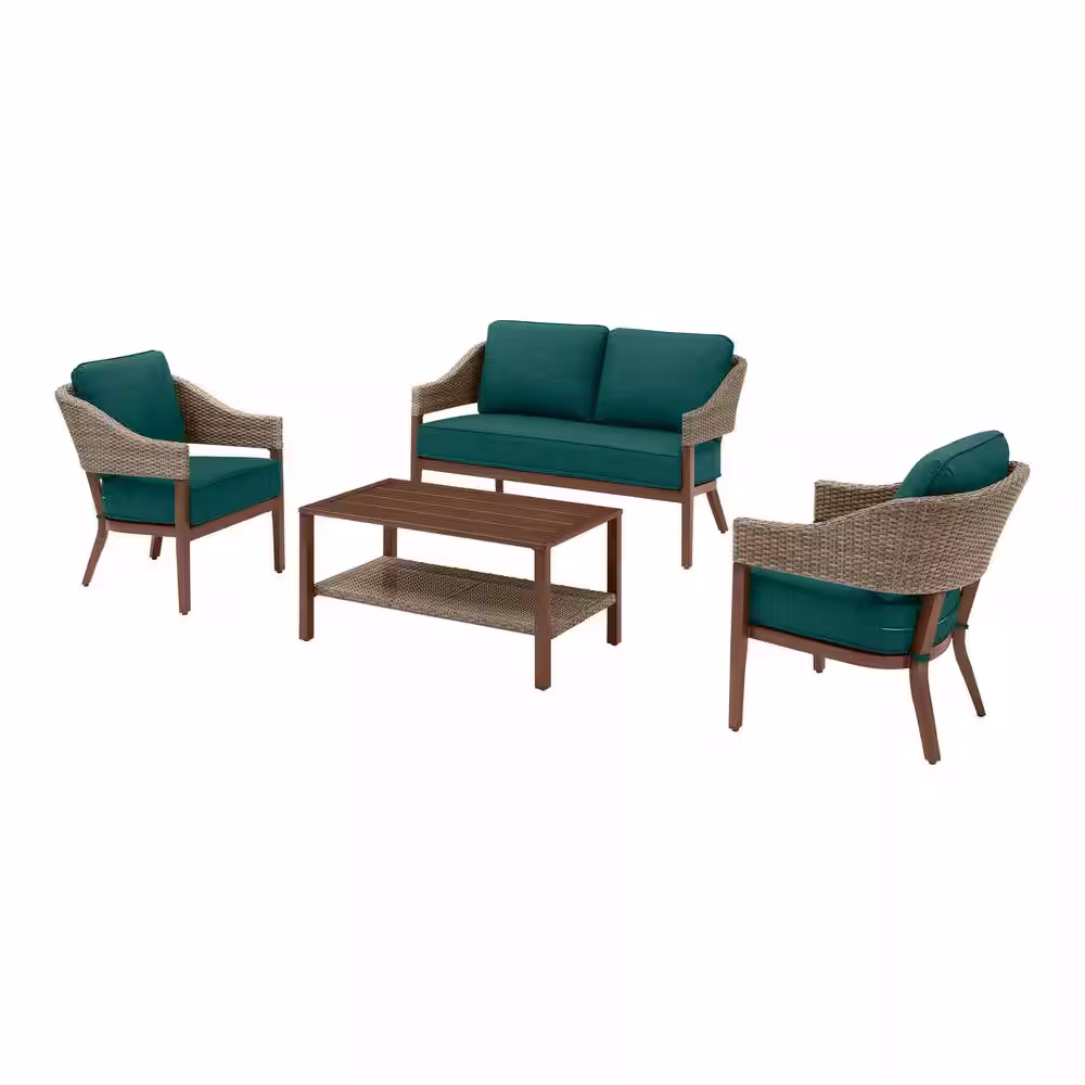 Hampton Bay Leighton Park 4-Piece Wicker Patio Conversation Set with CushionGuard Malachite Green Cushions
