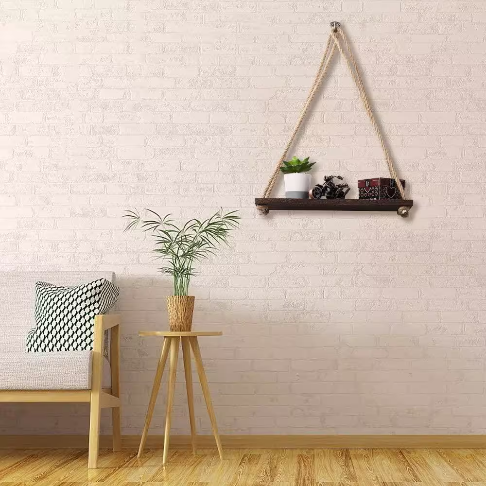 None Brown Hanging Shelves, Wood Floating Wall Shelves Rustic Hanging Swing Rope Shelves (Set of 4)