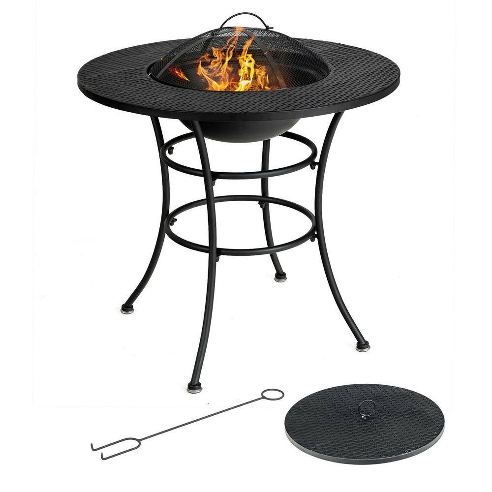 Gymax Black Patio Round Metal Fire Pit Dining Table Charcoal Wood Burning Cooking BBQ Grate