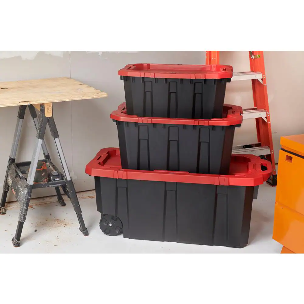 Husky 45 Gal. Latch and Stack Tote with Wheels in Black with Red Lid