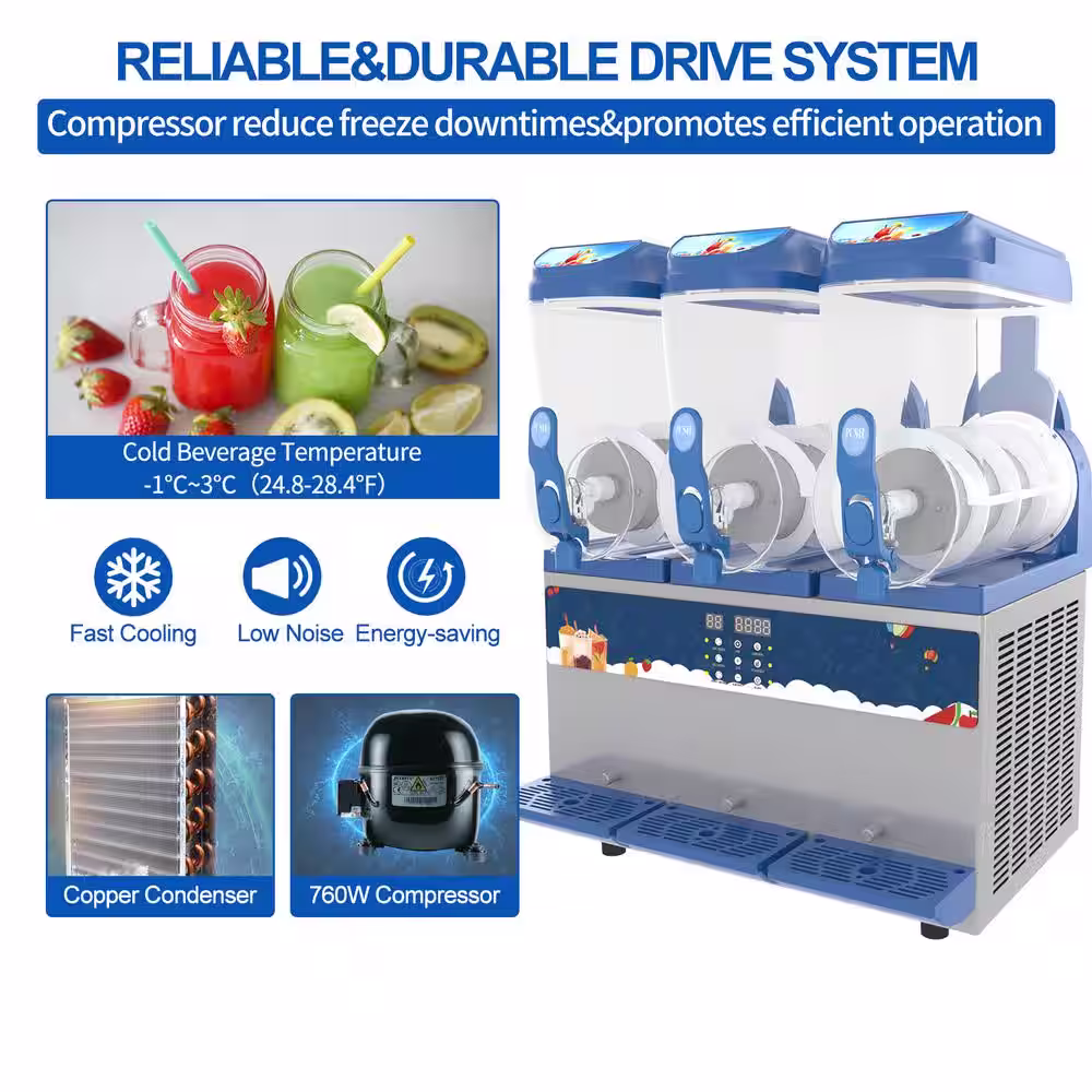 Phivve 1584 oz. Commercial Machine 3 x 15 L Tank 1200-Watt Stainless Steel Sliver Snow Cone Machine