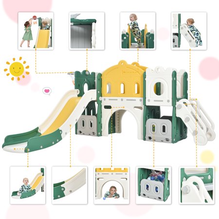 CHURANTY Kids Slide Playset Structure Indoor , Castle Climber with Slide and Basketball Hoop,  Kids Climbers Playhouse for Outdoor Playground Activity,Toy Storage Organizer for Toddlers, Green