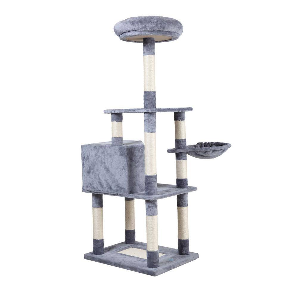 None 60 in. Multi-Level Cat Tree Tower with Play Tunnel in Light Gray