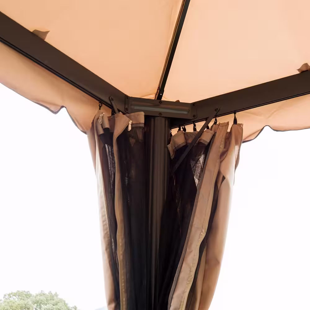 Outsunny 118 in. x 118 in. x 78 in. Steel Frame Patio Gazebo w/ Beautiful Polyester Curtains & Air Venting Netted Screens, Khaki