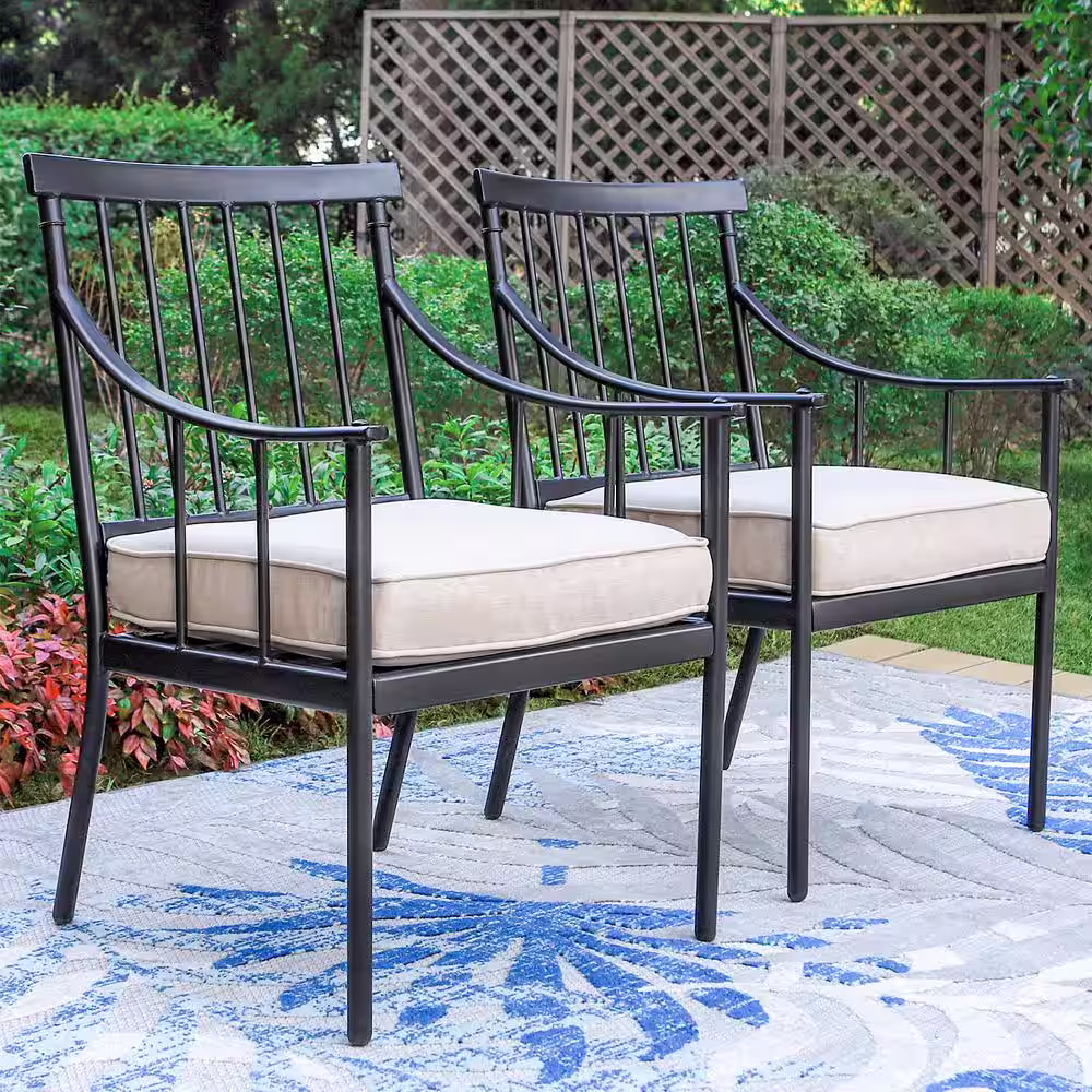 PHI VILLA Black 7-Piece Metal Patio Outdoor Dining Set with Slat Table and Stylish Arm Chairs with Beige Cushion