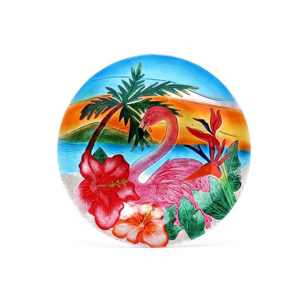 LuxenHome Flamingo Glass Bird Bath with Metal Stand