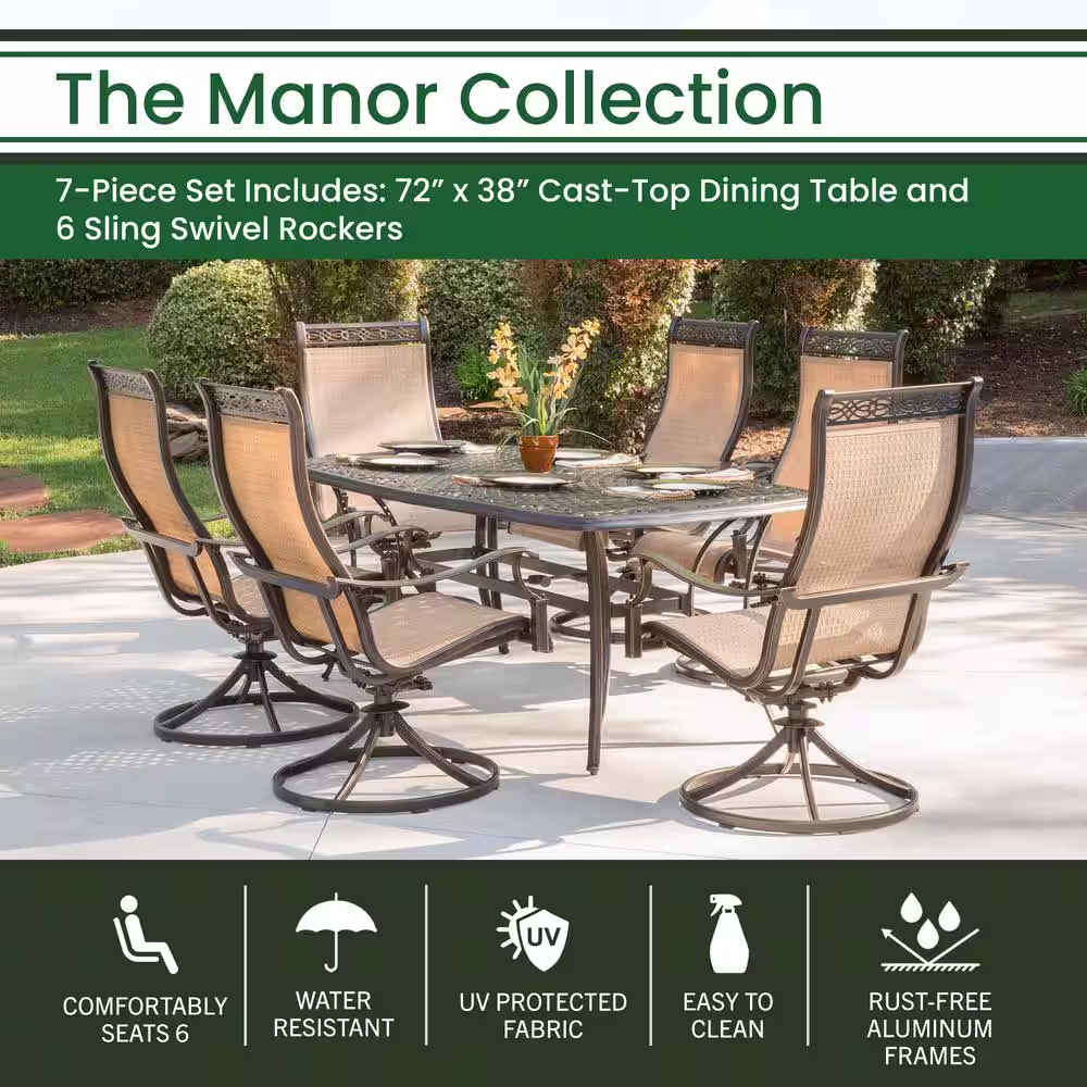 Hanover Manor 7-Piece Aluminum Rectangular Outdoor Dining Set with Cast-Top Dining Table and 6 PCV Sling Swivel Chairs