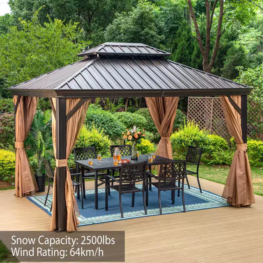 None 10 ft. x 12 ft. Aluminum Hardtop Gazebo Galvanized Steel Roof Curtain and Mosquito Net
