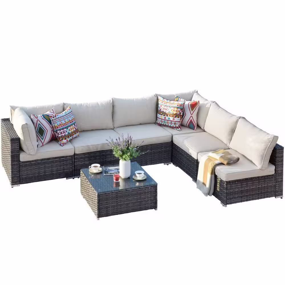 OVIOS HOPPISH Gray 7-Piece Wicker Patio Conversation Set with Beige Cushions