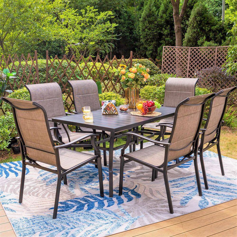 None Black 7-Piece Metal Slat Rectangle Table Outdoor Patio Dining Set with High Back Padded Textilene Chairs