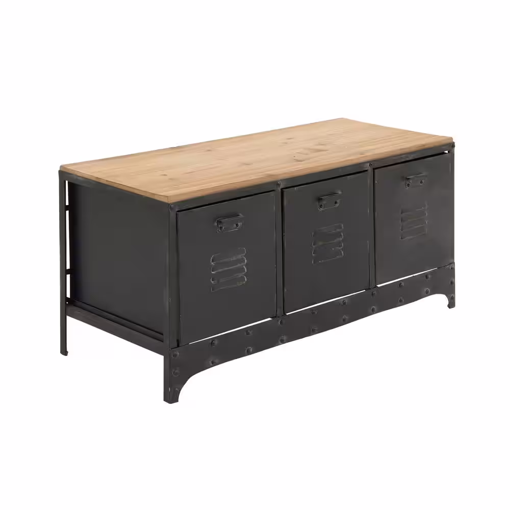 Litton Lane Black Low Profile 3 Drawer Storage Bench with Brown Wood Top 19 in. X 39 in. X 16 in.
