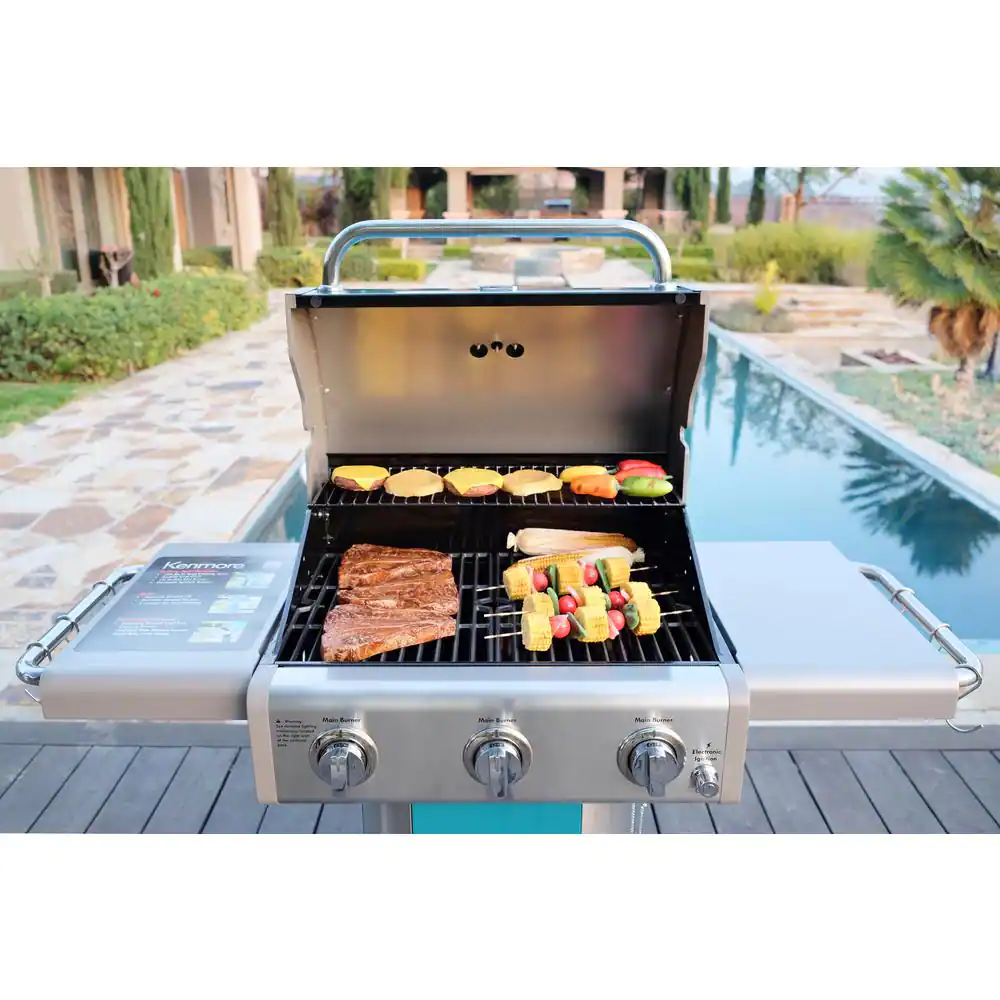 KENMORE 3-Burner Propane Gas Pedestal Grill with Folding Side Shelves-Teal