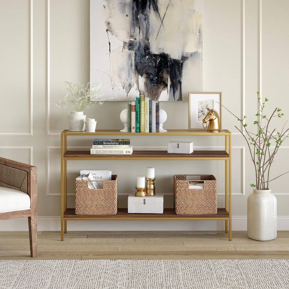 None Felicia 47.6 in. Gold Walnut Rectangle Glass Console Table