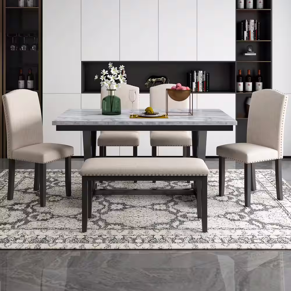 Harper & Bright Designs Modern Style 6-Piece White Marbled Top Dining Set with V-Shaped Table Legs