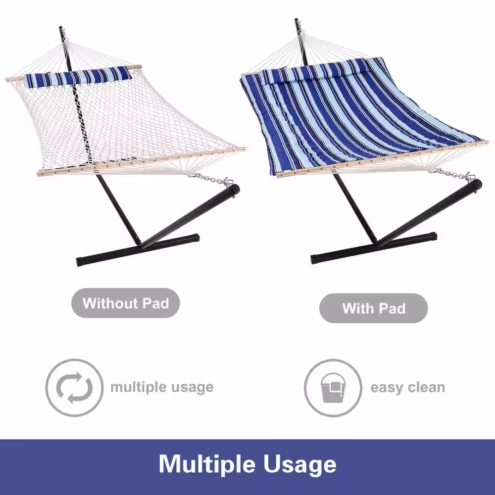 Atesun 10 ft. x 12 ft. Quilted Rope Hammock and 12 ft. Steel Stand with Detachable Pillow, Blue Stripe