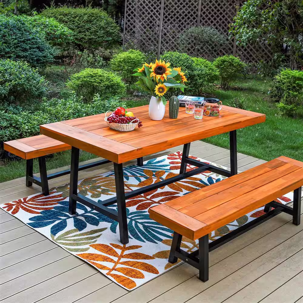 None Black 3-Piece Patio Acacia Wood with Rectangular Table Outdoor Dining Set and Long Benches