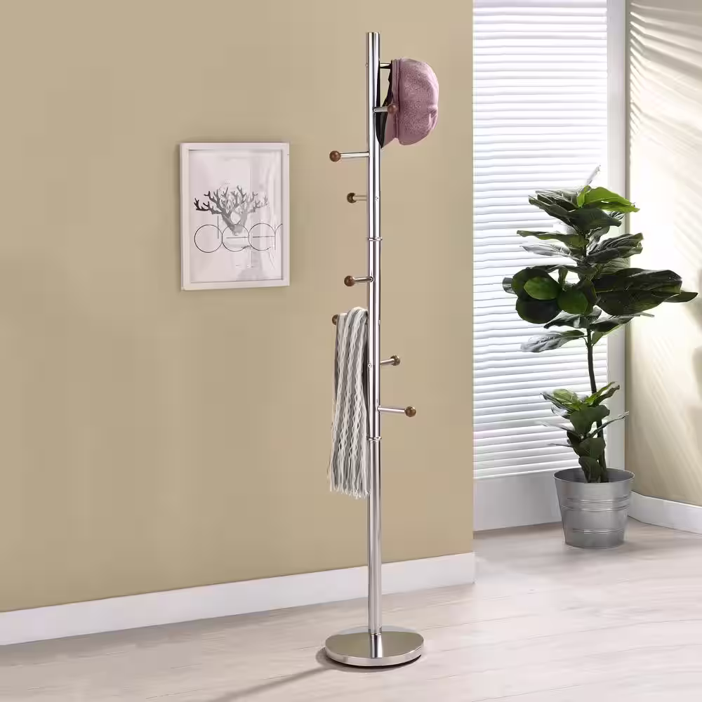 Signature Home Finish Chrome Material Metal Hat Coat Rack with 8 - Hooks Overall Dimension: 12 in. W x 12 in. L x 68 in. H