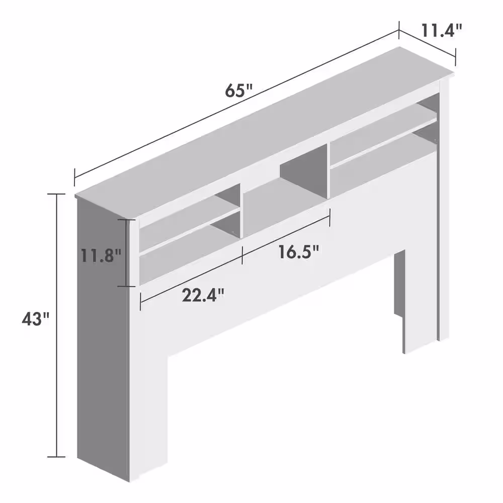 None White Full Queen Wood Headboard Shelf with Socket Adapter USB Interface, Shelves and LED Lights