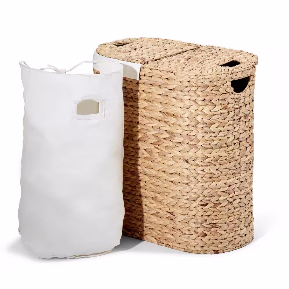 Seville Classics Hand Woven Natural Wicker Water-Hyacinth Lidded Oval Double Laundry Hamper with Bags