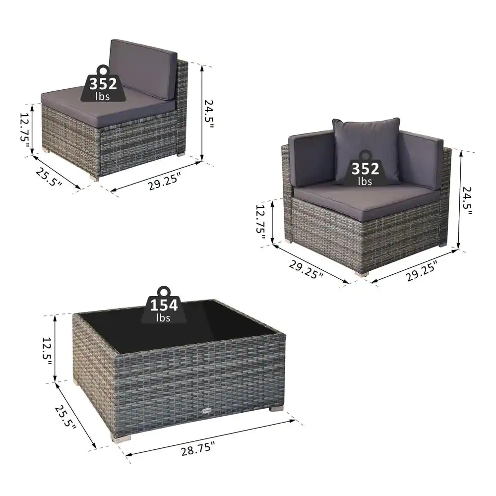 Outsunny Patio Life Ash Grey 7-Pieces Steel Plastic Rattan Patio Conversation Set with Grey Cushions