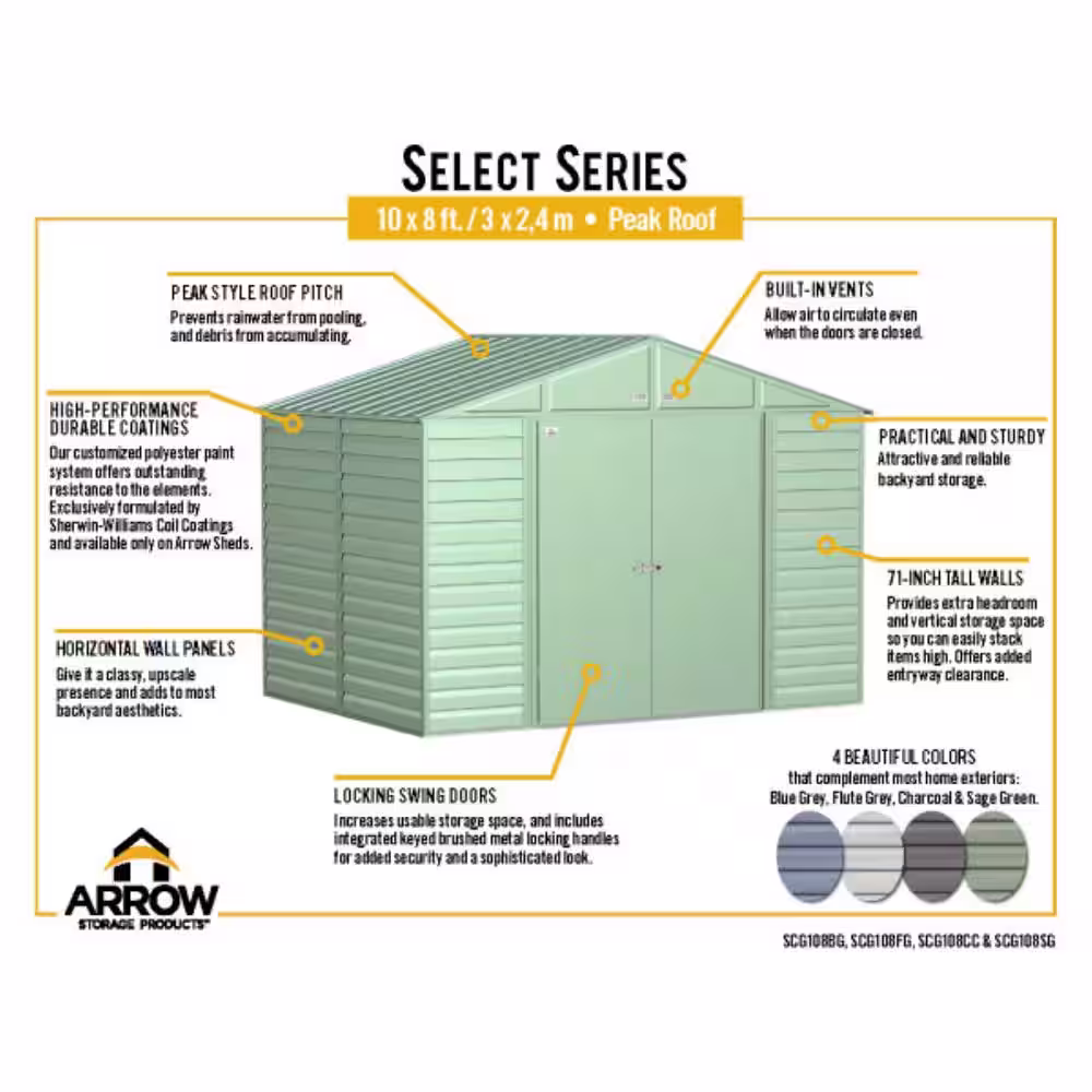 Arrow Select 10 ft. W x 8 ft. D Blue Grey Metal Shed 74 sq. ft.