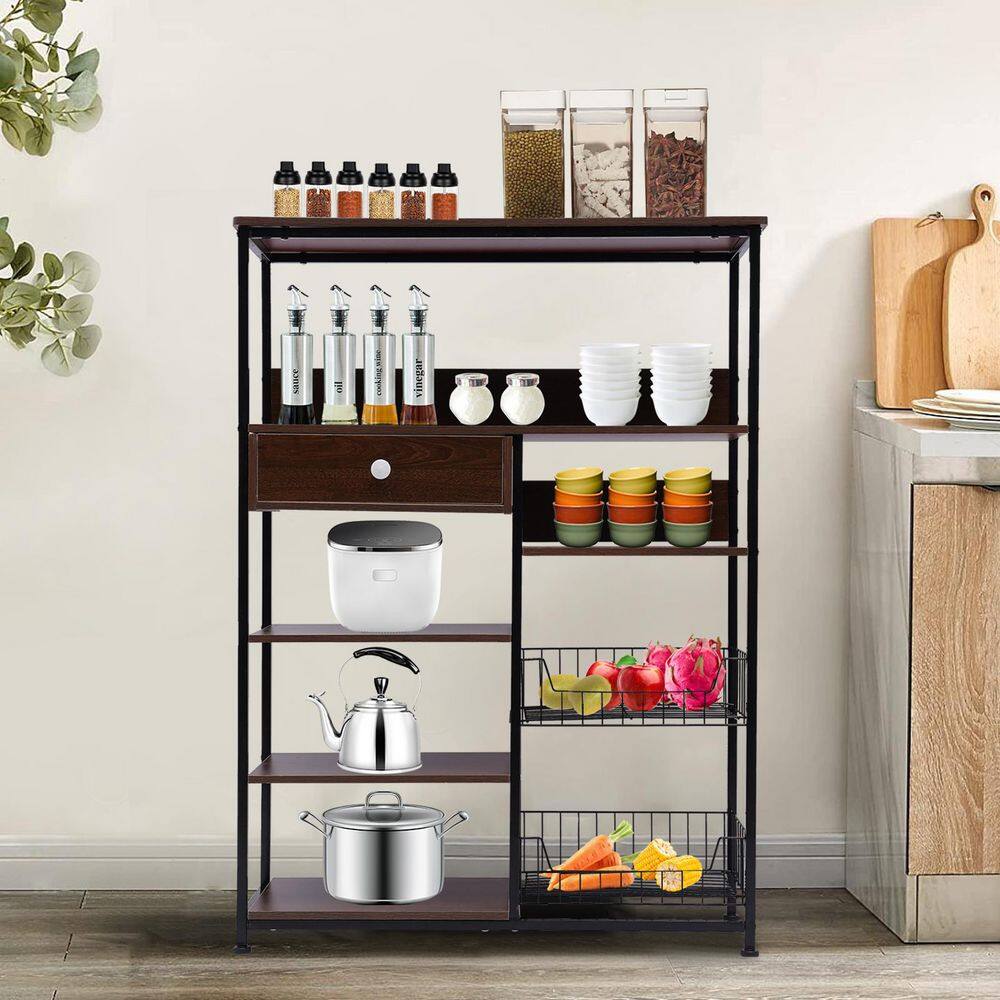 None Brown 5-Tier Metal Wood Shelving Unit (31.5 in. W x 43.7 in. H x 11.8 in. D)