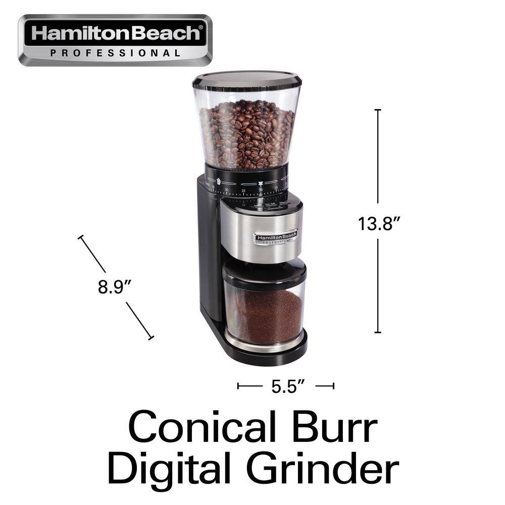 HAMILTON BEACH PROFESSIONAL 4 oz. Black and Stainless Steel Conical Burr Coffee Grinder with Digital Display