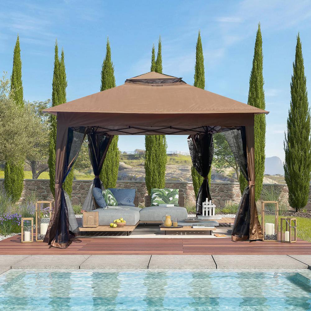 None 11 ft. x 11 ft. Brown Outdoor 2-Tier Soft Top Pop Up Gazebo Canopy With Removable Zipper Nettingï¼Gazeboï¼?