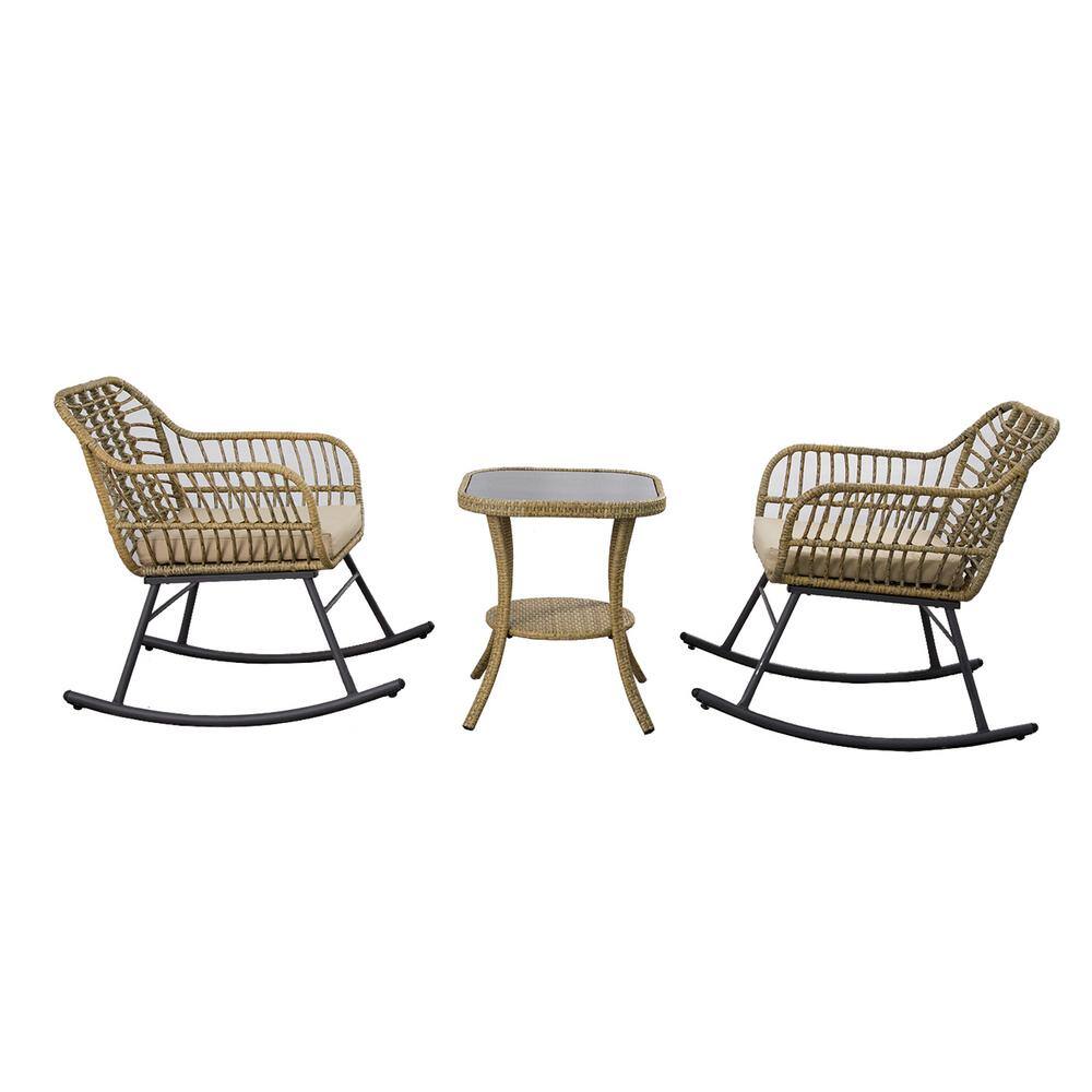None Patio Rocking Chairs Set, 3 Piece Wicker Outdoor Bistro Set with Khaki Cushions, Glass Top Table Max Load 330LBS