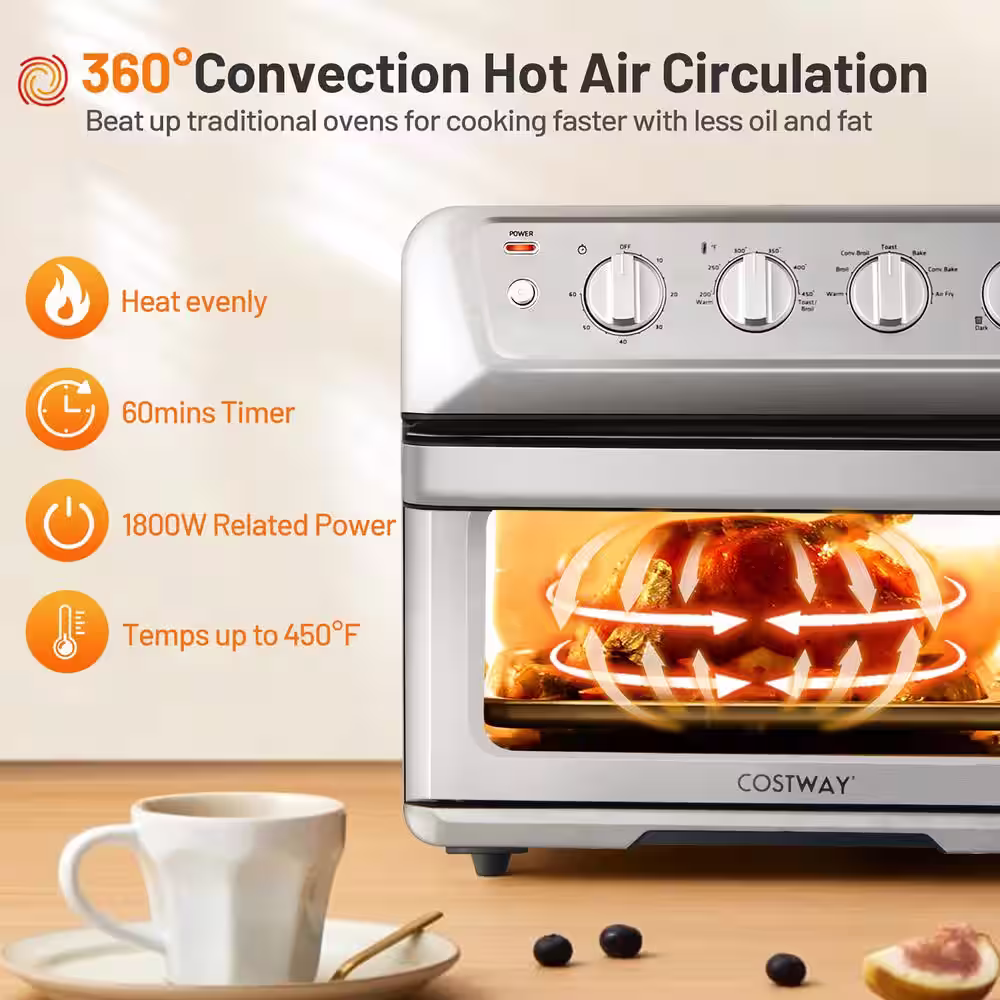Costway 21.5 qt. Silver Air Fryer Toaster Oven 1800-Watt Countertop Convection Oven with Recipe