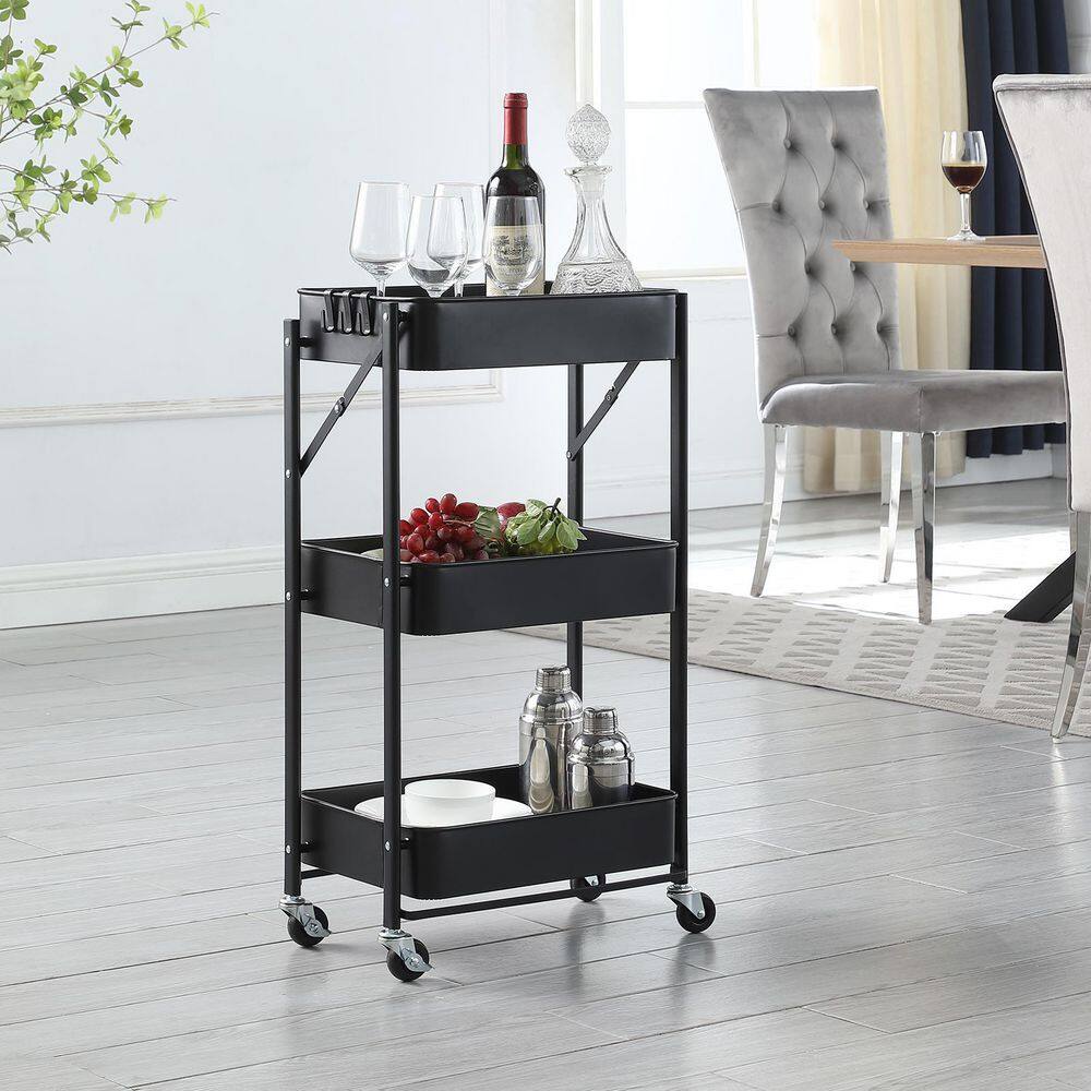 None 31.5 in. Black Metal -3 Tier Flodable shelving unit with four scroll wheel