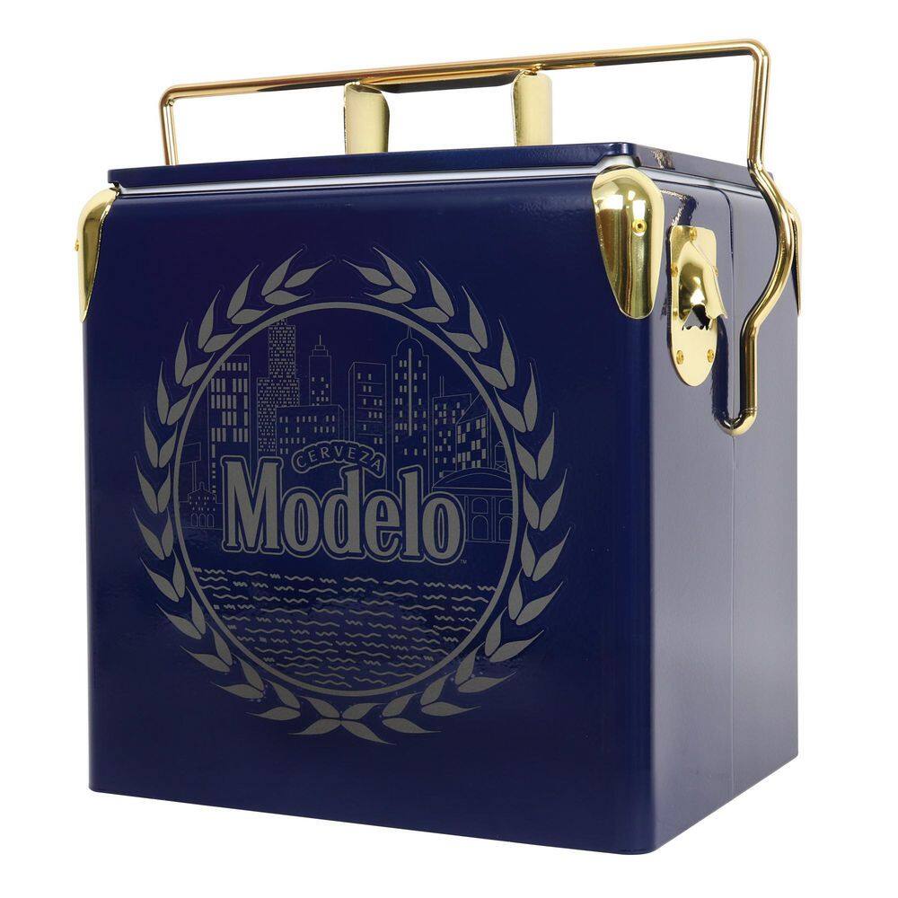 None Modelo Retro Ice Chest Beverage Cooler with Bottle Opener 13L (14 qt.) 18 Can, Blue and Gold