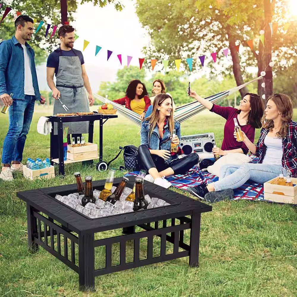 HONEY JOY 3-In-1 Square Metal Outdoor Fire Pit Table Patio Fire bowel w/BBQ Grill and Rain Cover