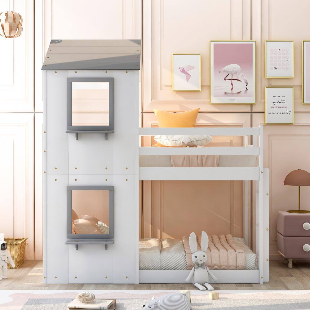 Harper & Bright Designs White Twin Over Twin Wood Bunk Bed with Roof and Window