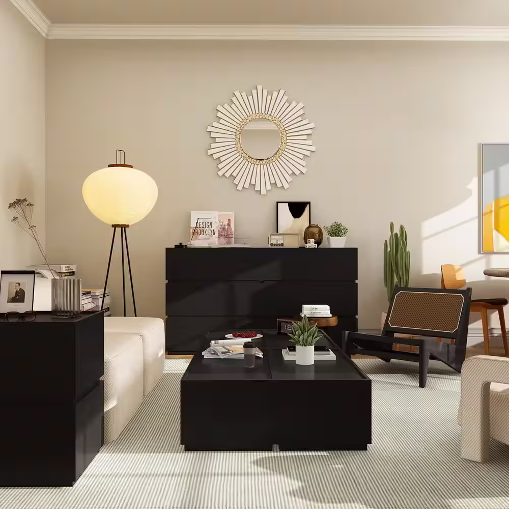 None High Gloss Wood DIY Modular Kit Modern Black Storage Cabinet With Drawers (2 Piece)