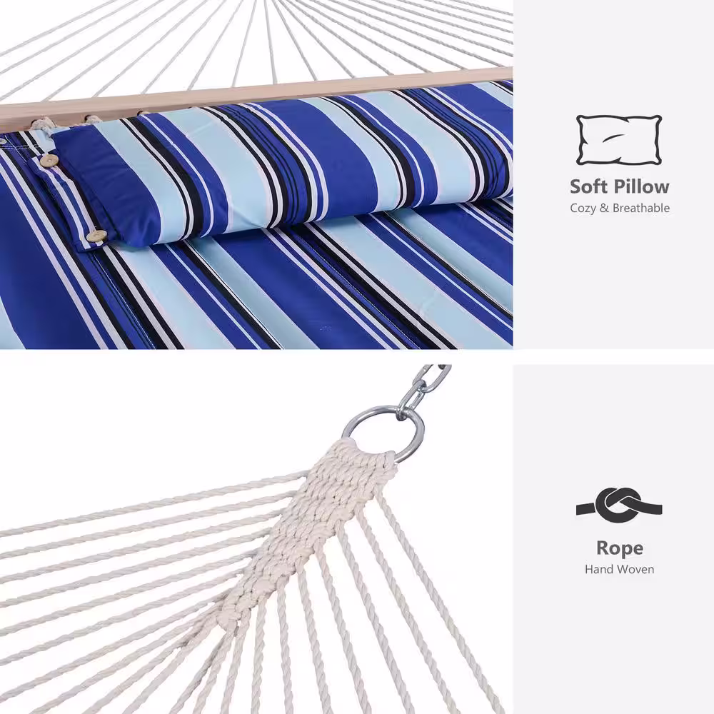 Atesun 12 ft. Free Standing, 475 lbs. Capacity, Heavy-Duty 2-Person Hammock with Stand and Detachable Pillow in Blue Stripes