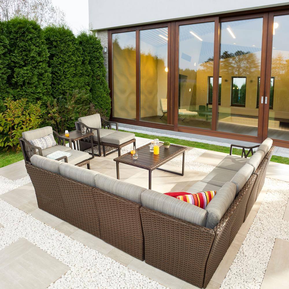 Patio Festival 13-Piece Wicker Collection Patio Conversation Set with Gray Cushions