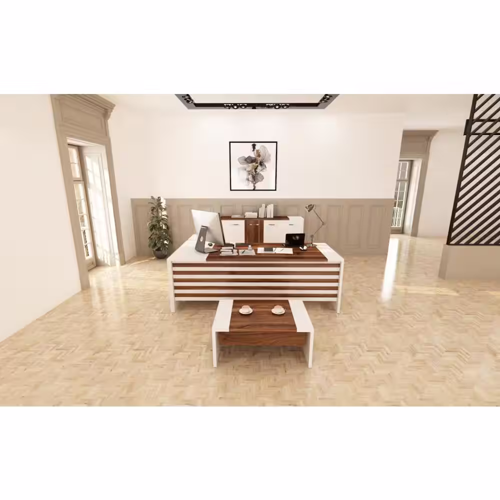 CASA MARE Modern Leon 87 in. White and Brown Wood L Shaped Desk Office Suite Furniture (Set of 3)