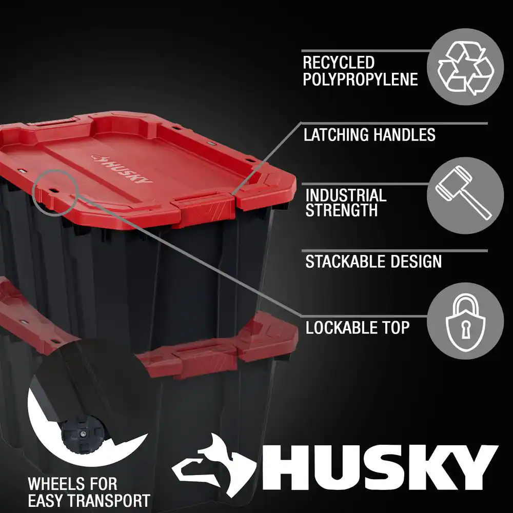 Husky 45 Gal. Latch and Stack Tote with Wheels in Black with Red Lid