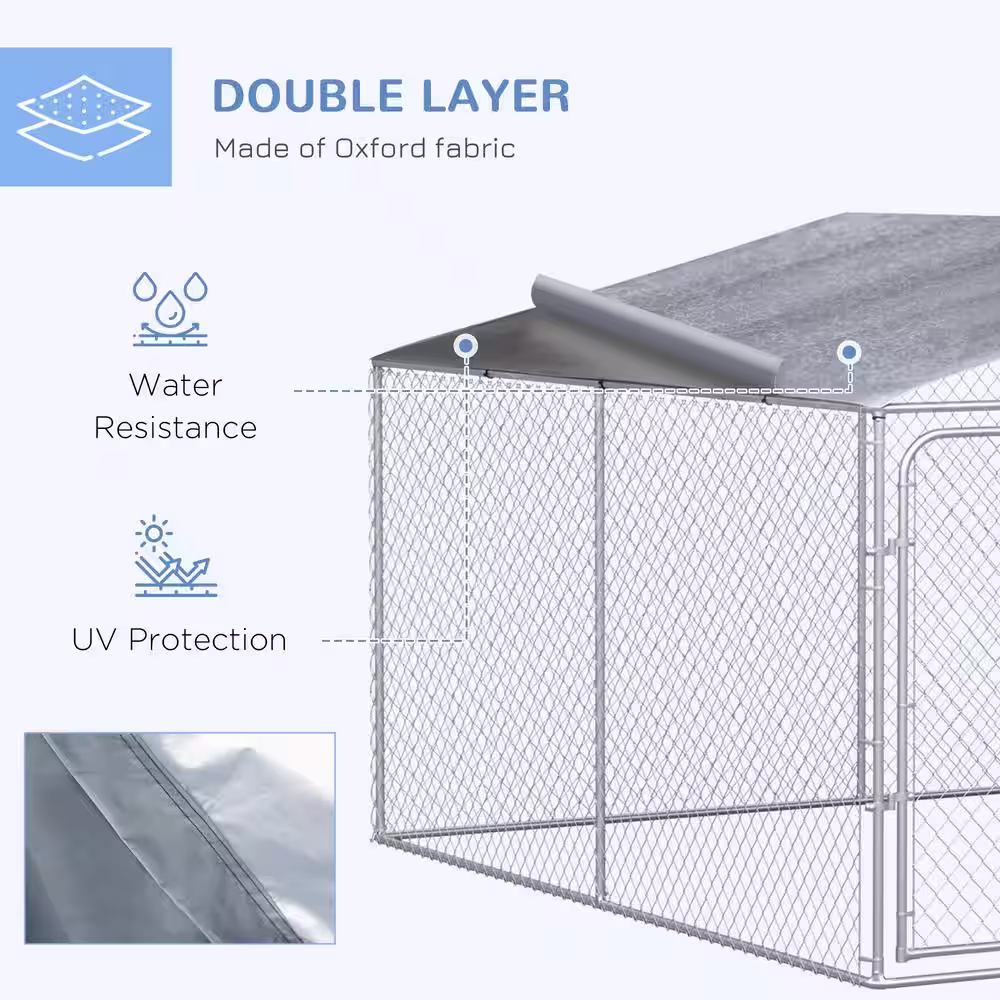 PawHut 13 ft. x 13 ft. x 7.5 ft. Silver Galvanized 0.004-Acre In-Ground Steel Dog Kennel with Cover Secure Lock Mesh Sidewalls
