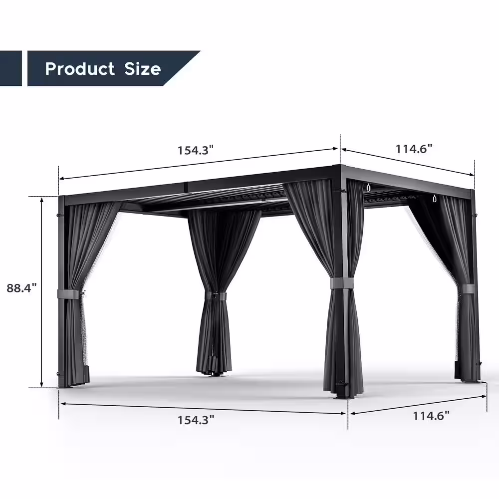 EGEIROSLIFE 10 ft. x 13 ft. Aluminum Louvered Pergola with Adjustable Roof and Gray Curtains