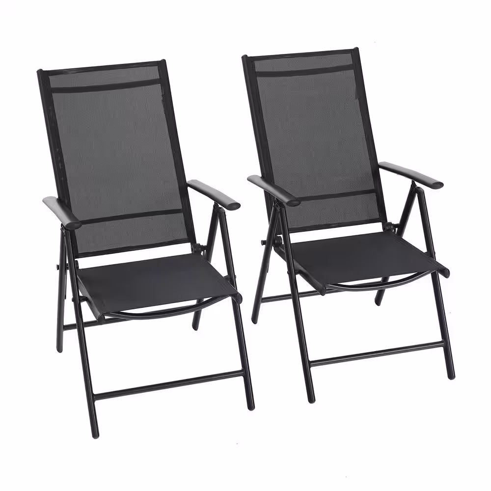 None 9-Piece Metal Patio Outdoor Dining Set with Rectangle Extensible Table and Black Reclining Folding Sling Chair