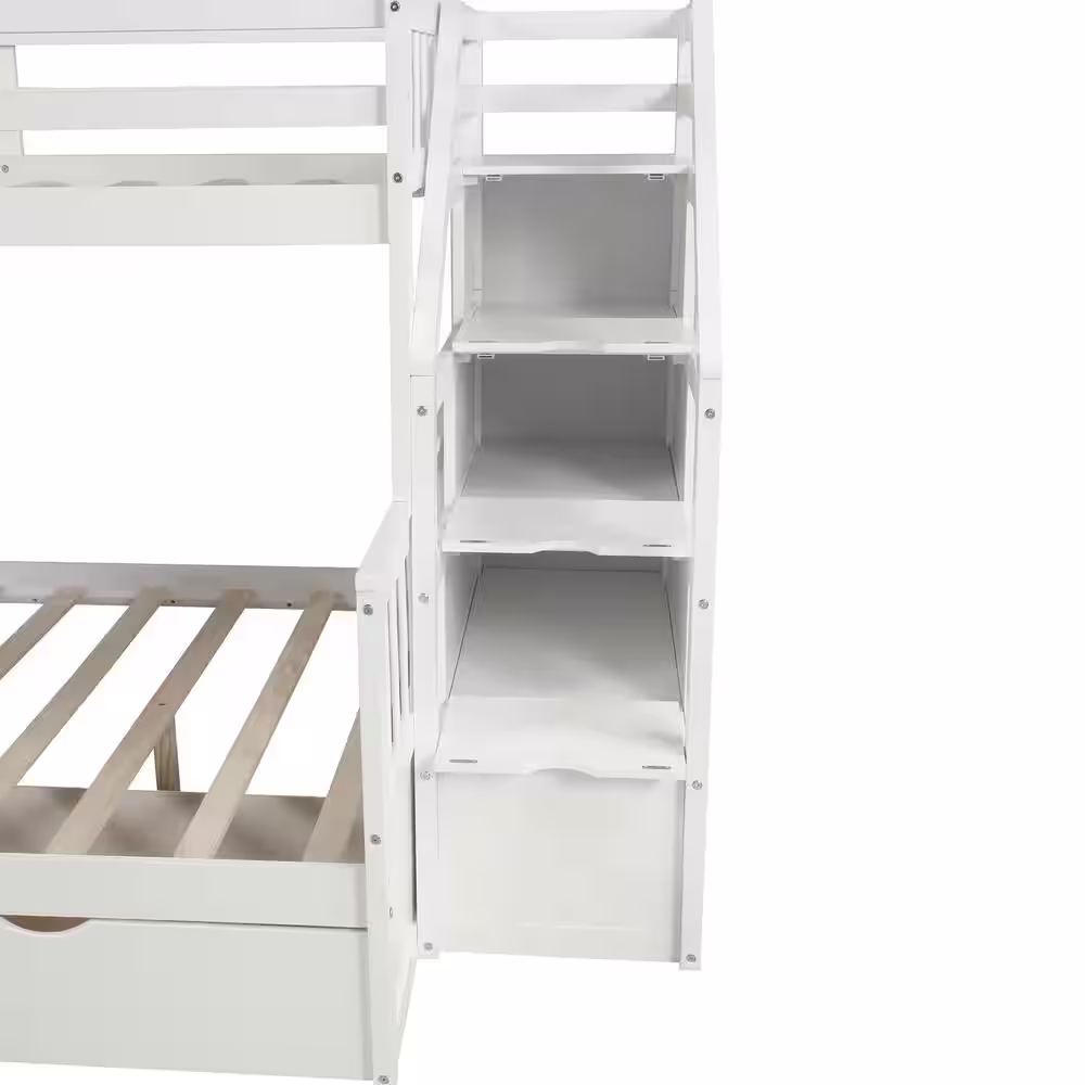 Harper & Bright Designs White Twin Over Full Bunk Bed with Drawers and Slide
