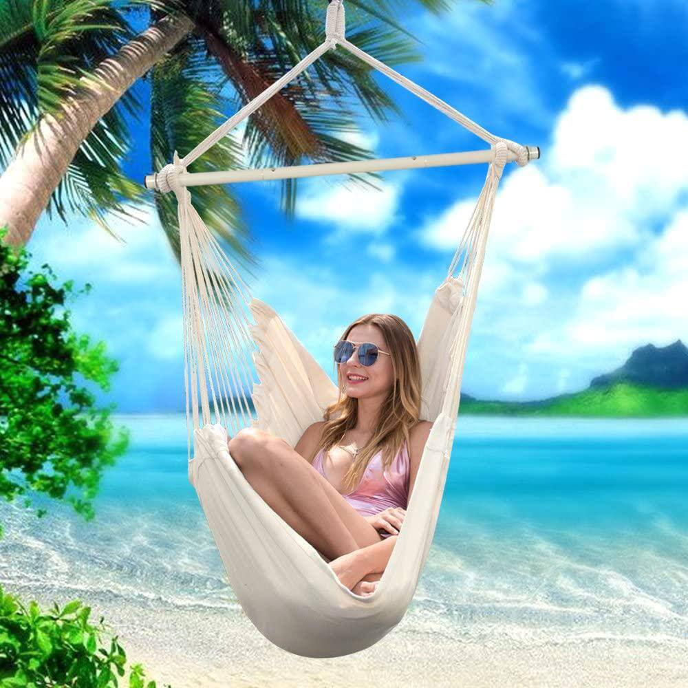None Hammock Chair Hanging Rope Swing, Maximum 500 lbs. 2-Seat Cushions Included, Quality Cotton Weave in Beige