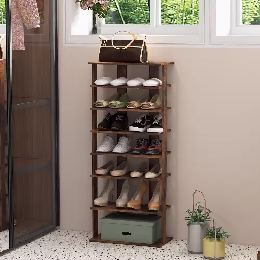 HONEY JOY 43.5 in. H 14-Pair 7-Tier Brown Wood Double Rows Shoe Rack Vertical Wooden Shoe Storage Organizer