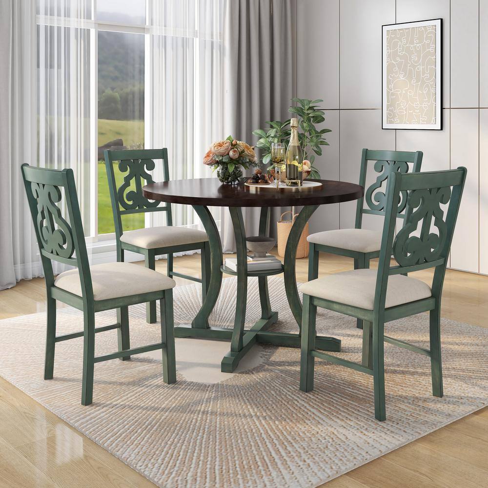 Harper & Bright Designs Exquisitely Designed 5-Piece Wood Top Greenish Antique Blue Dining Set with Special-shaped Legs and Hollow Chair Back