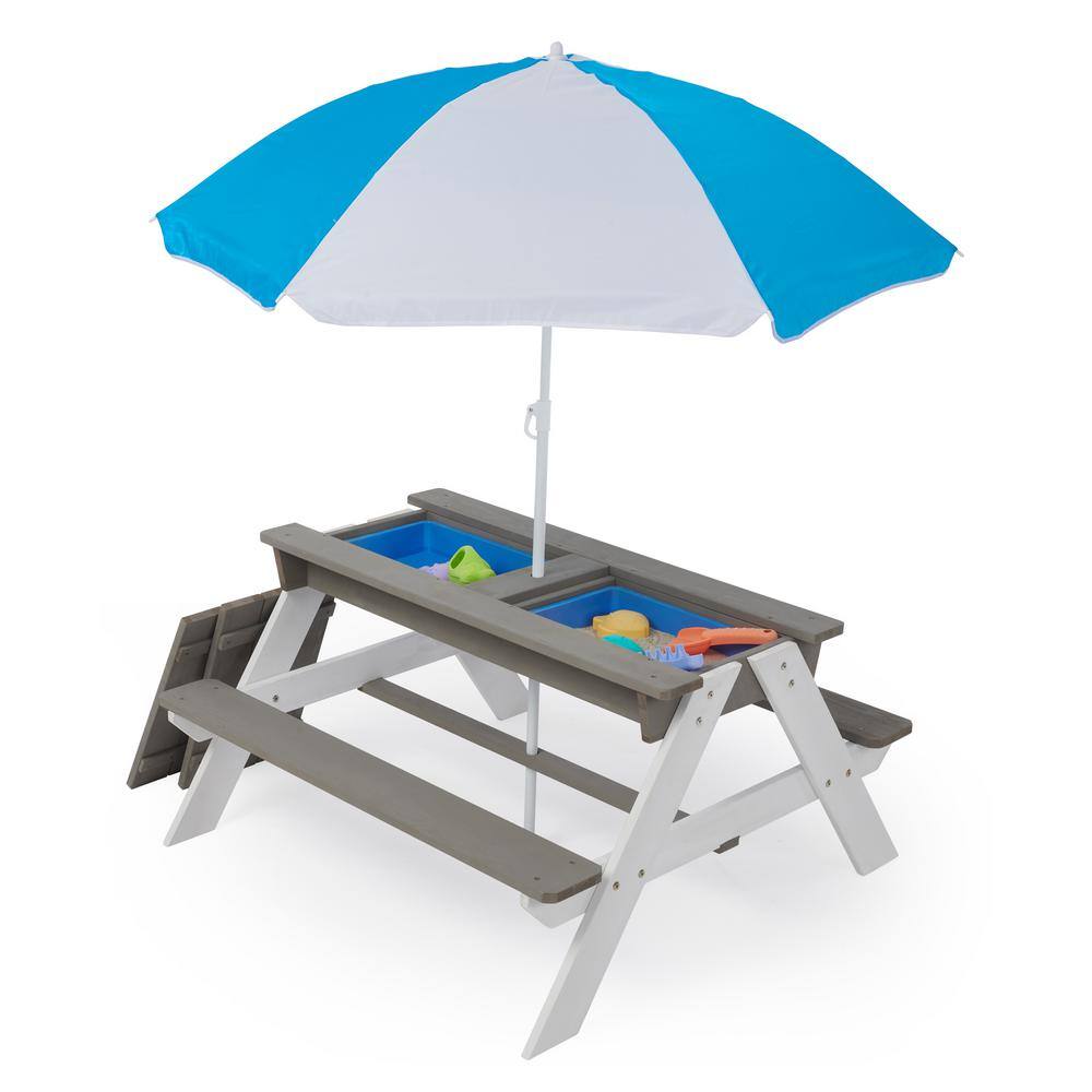 Tunearary 3 in 1 Gray Outdoor Children's Wooden Picnic Table with Umbrella, Convertible to Sand and Water Table